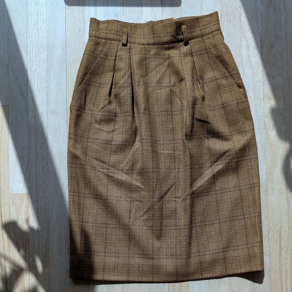 Vintage Jones New York Plaid Brown Wool Midi Skirt (Size 4) - Picture 1 of 8
